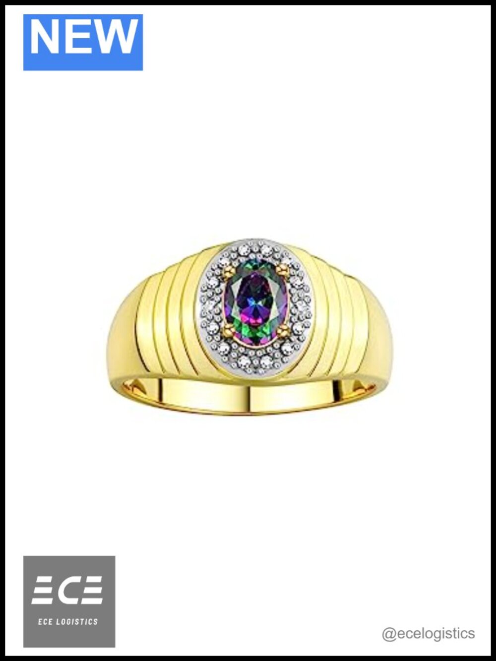 Men's 7X5MM Oval Gemstone Diamond Ring Yellow Gold Plated Silver